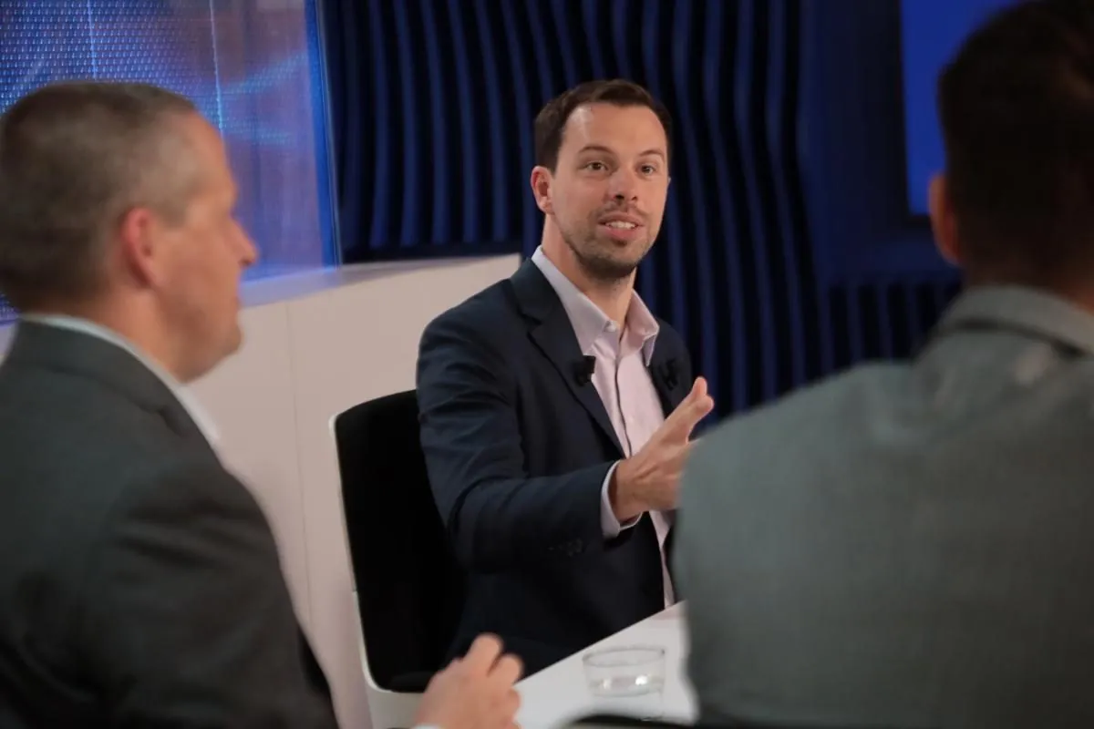 Adam Bartha in discussion at the European Parliament studio